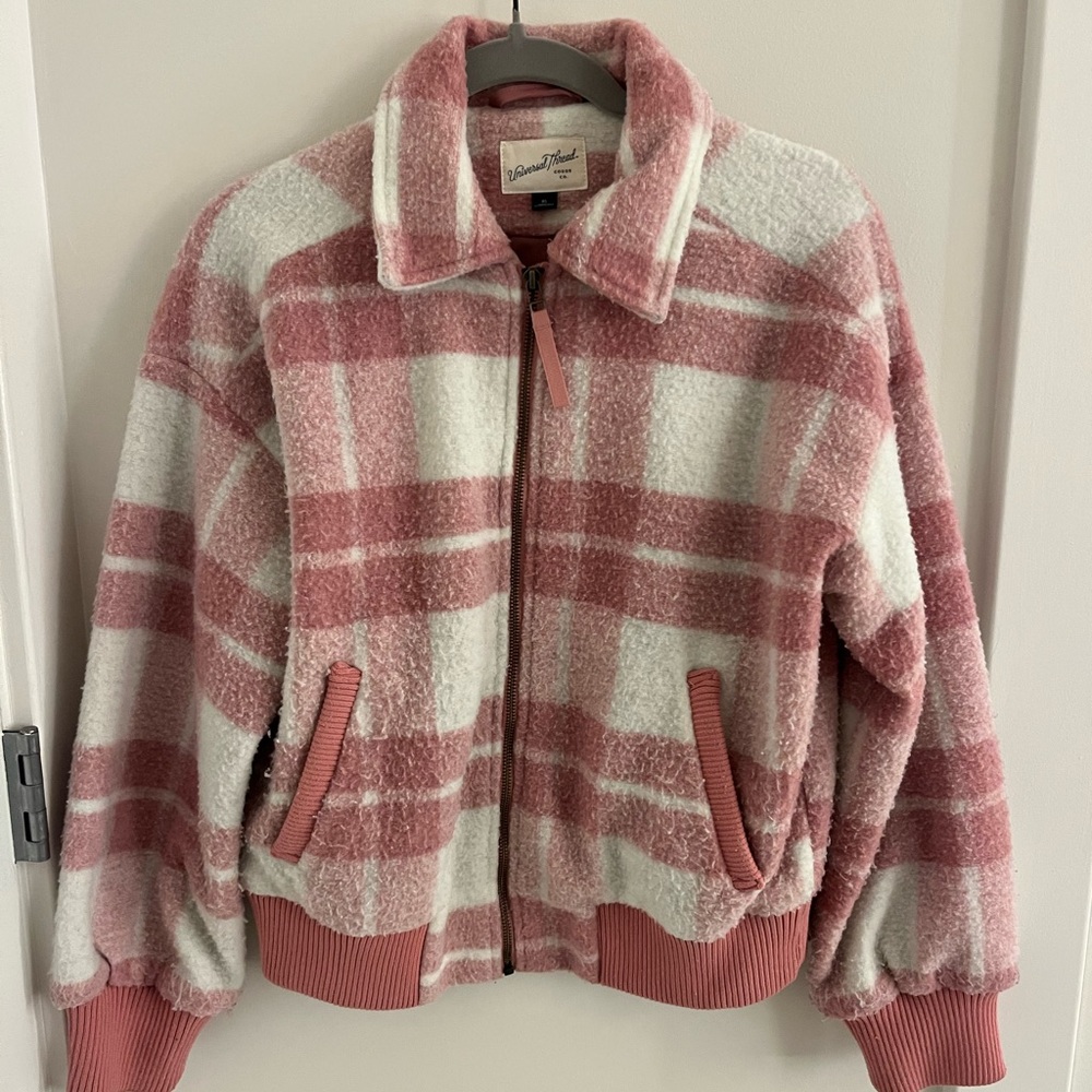 Universal Thread Pink and Cream Plaid Teddy Jacket